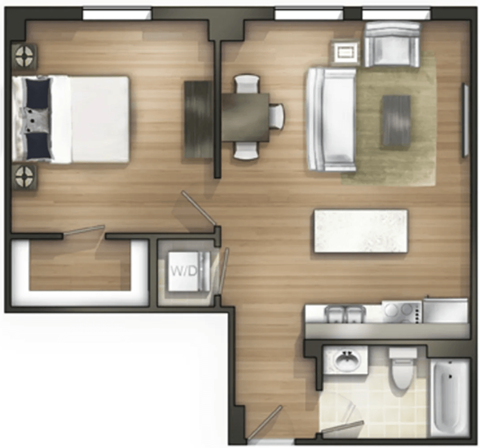 Floor plan for 1 bed, 1 bath, 646 sqft